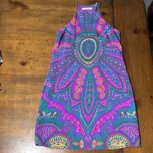 Alice & Trixie 100% silk bright pink, green, blue, and yellow geometric dress